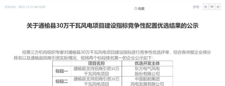 中船風電、東方風電獲風電項目競配指標